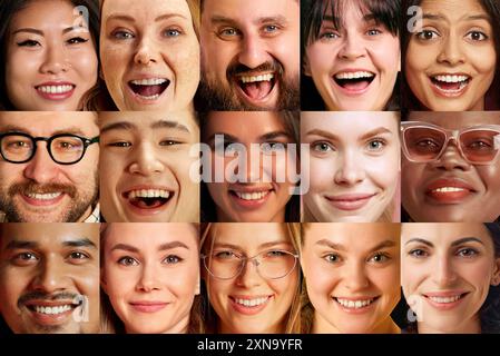 Amici internazionali. Collage fatto di foto ravvicinate di persone, uomini e donne di diversità, con diverse emozioni umane. Foto Stock