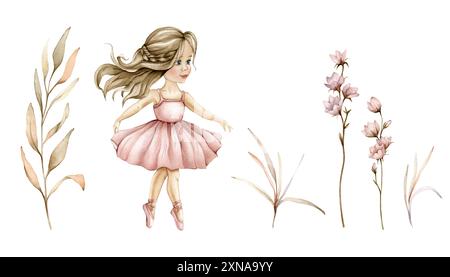 Set di fiori e rami illustrativi botanici autunnali ad acquerello. Illustrazione floreale e ballerina da ballo in abito rosa. Disegno dipinto a mano Foto Stock