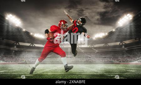Azione dinamica, uomini competitivi, giocatori di football americano in divisa nera e rossa in competizione per la vittoria. Rendering 3D dello stadio all'aperto Foto Stock