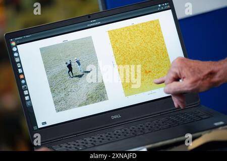 31 luglio 2024, Renania settentrionale-Vestfalia, Mönchengladbach: Hans-Günther Hirsch, professore presso l'Università di scienze applicate Niederrhein e collaboratore del progetto, mostra il video e il modello radar di una rissa precedentemente riproposta su un laptop. Il progetto "KiRaPol.5G" si occupa dell'uso di sistemi radar supportati dall'IA per supportare la sorveglianza della polizia. Mira ad aumentare la sicurezza e allo stesso tempo a proteggere la privacy dei cittadini. Foto: Marius Becker/dpa Foto Stock