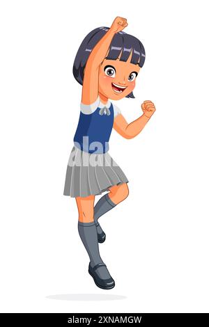 Piccola ragazza asiatica in uniforme scolastica che salta con una mano in aria. Illustrazione vettoriale cartoni animati. Illustrazione Vettoriale