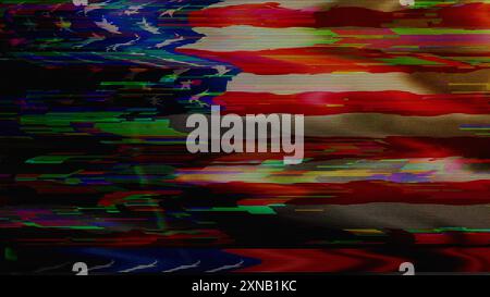 Bandiera della tecnologia digitale USA sullo sfondo cyber. Illustrazione del concetto di attacco cibernetico e spionaggio su banner degli Stati Uniti. Foto Stock