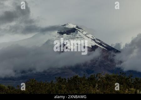 Il vulcano Cotopaxi, alto 5.897 metri, è circondato da nuvole con la sua cima innevata nelle Ande ecuadoriane. cattura la vista mozzafiato Foto Stock