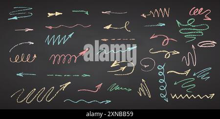 Matita a carboncino che disegna a mano frecce ricci Swishes, swash, Swoops, Swoosh, scarabocchi e scoiattoli elementi di gesso colorato sulla lavagna gesso Grunge Illustrazione Vettoriale