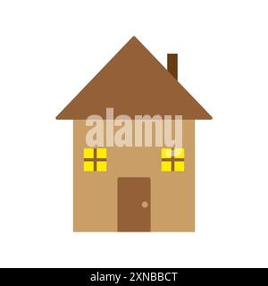 Semplice icona della casa. Tetto e portiera marrone. Finestre gialle. Illustrazione Vettoriale