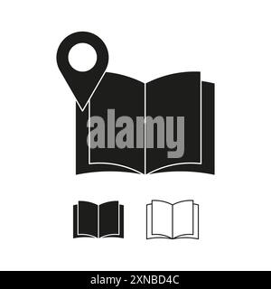 Icona Apri libro. Simbolo della posizione della mappa. Elemento grafico vettoriale. Semplice design nero. Illustrazione Vettoriale