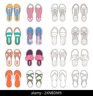 Grande collezione di scarpe donna in stile art di linea. Design di calzature per libro da colorare. Illustrazione vettoriale isolata su sfondo bianco. Illustrazione Vettoriale