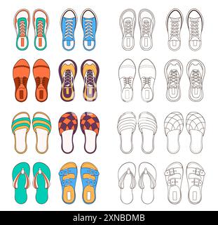 Collezione di scarpe Big da uomo in stile art di linea. Sneakers per libro da colorare. Illustrazione vettoriale isolata su sfondo bianco. Illustrazione Vettoriale