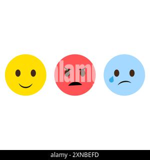Felice, arrabbiato, triste. Tre facce emoji. Icone emotive colorate. Illustrazione vettoriale. Illustrazione Vettoriale