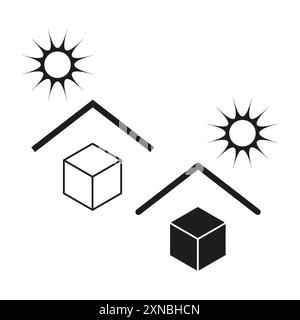 Icone del pannello solare. Simboli vettoriali per energia solare e tecnologia. Design minimalista con sole e casa. Illustrazione Vettoriale