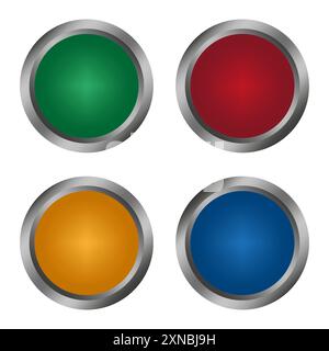 Bottoni metallici colorati. Icone rotonde vettoriali. Cerchi lucidi lucidi. Illustrazione Vettoriale
