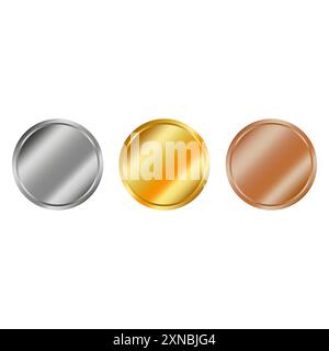 Medaglie d'oro e d'argento e di bronzo. Cerchi vettoriali. Design metallico lucido. Illustrazione Vettoriale
