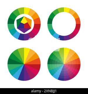 Set di rotelline dei colori. Cerchi dello spettro del gradiente. Diagrammi di tonalità vivaci. Illustrazioni vettoriali arcobaleno. Illustrazione Vettoriale