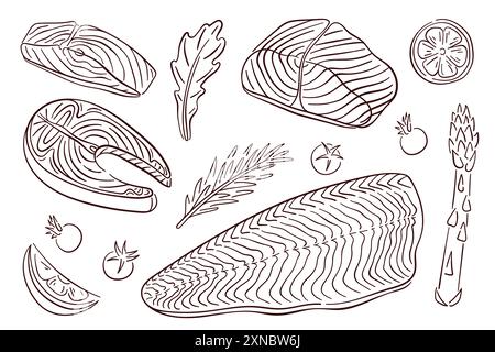 Bistecca di salmone in stile art. Pezzetto di pesce trafilato a mano e filetto con verdure. Illustrazione vettoriale isolata su sfondo bianco. Illustrazione Vettoriale