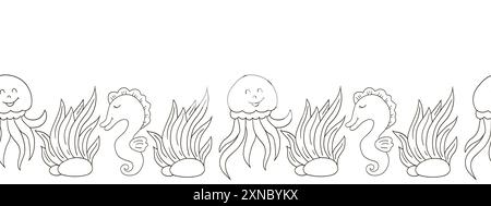 Bordo marino senza cuciture. Disegno da favola monocromatico. Abitanti del mare. Design vettoriale per carta e altri usi Illustrazione Vettoriale
