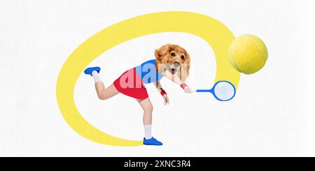 Collage d'arte contemporanea. Tennista con la testa del cane che colpisce la palla su sfondo bianco con linea di movimento gialla. Foto Stock