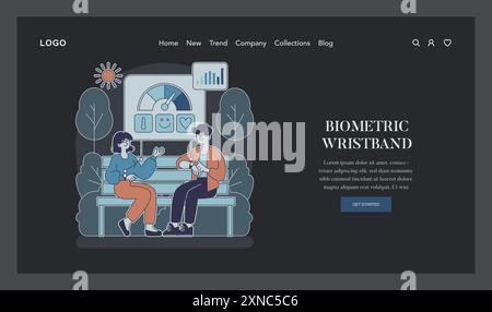 Concetto di braccialetto biometrico. Due individui confrontano i dati sanitari sulla tecnologia indossabile in mezzo alla natura. Monitoraggio del benessere personale e stile di vita moderno. Illustrazione vettoriale. Illustrazione Vettoriale