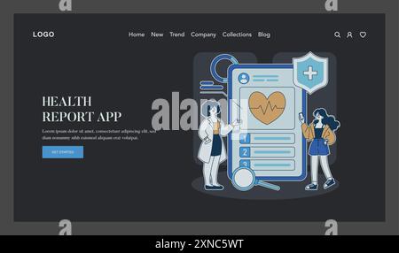 Concetto dell'app Health report. Piattaforma digitale per il monitoraggio del benessere dei pazienti. Medico e utente intervengono nell'analisi dei dati medici. Illustrazione vettoriale. Illustrazione Vettoriale