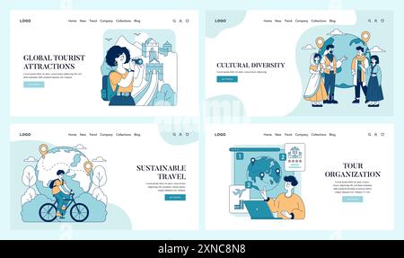 Il set della giornata Mondiale del Turismo cattura le attrazioni di viaggio globali, la diversità culturale, il turismo sostenibile e la pianificazione dei tour. Ideale per la progettazione Web. Illustrazione vettoriale. Illustrazione Vettoriale