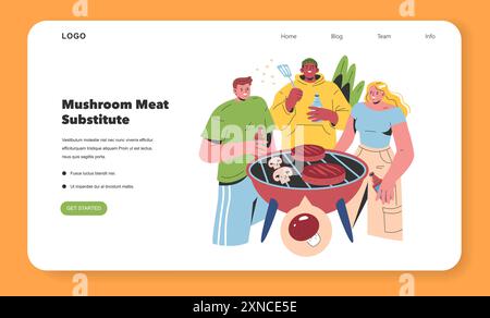 Concetto di coltivazione dei funghi. Gli amici possono gustare un barbecue con hamburger di funghi, che riflettono una scelta di cibo sostenibile. Cucina ecologica, diete alternative. Illustrazione vettoriale. Illustrazione Vettoriale