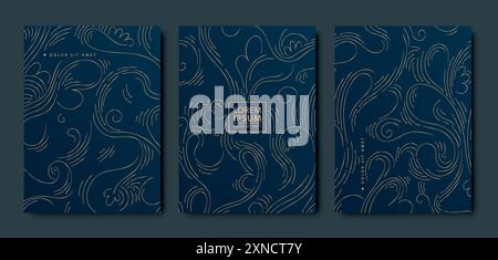 Set vettoriale di eleganti linee dorate di alta qualità con motivo blu. Texture in marmo, arte moderna curva, copertina per presentazioni aziendali, ornamenti esclusivi Illustrazione Vettoriale