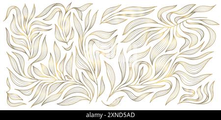 Motivo a foglie con linea dorata art deco vettoriale, classica illustrazione ondulata della natura. Carta da parati floreale astratta, pianta elegante ornamento estivo Illustrazione Vettoriale