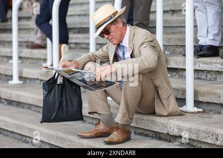 L'EDITORIALE USA SOLO Un pilota di corsa il secondo giorno del Qatar Goodwood Festival 2024 all'ippodromo Goodwood di Chichester. Data foto: Mercoledì 31 luglio 2024. Foto Stock