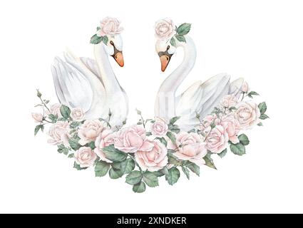 Acquerello dipinto a mano raffigurante un paio di cigni carini con fiori. Isolato su sfondo bianco. Set di colori pastello bianchi uccello e rose Foto Stock