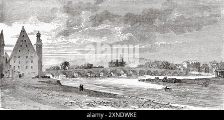 Il Ponte di pietra sul Danubio, Ratisbona, Baviera, Germania. Disegno di Dieudonne Lancelot (1823-1895) viaggio da Parigi a Bucarest, 1860 di Victor Duruy (1811-1894) le Tour du Monde 1862 Foto Stock