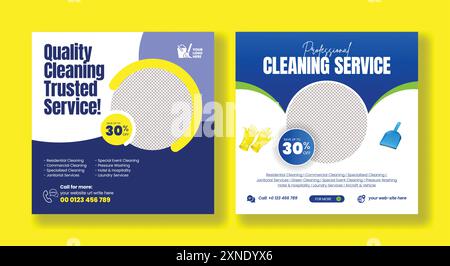 Post sui social media annunci banner per banner per servizi di pulizia e cameriere, pubblicità di marketing promozionale, pulizia della casa, servizio di lavanderia Illustrazione Vettoriale