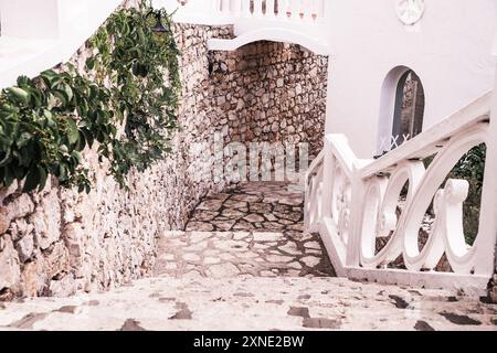 Un affascinante sentiero in pietra in un hotel italiano, caratterizzato da mura rustiche, vegetazione lussureggiante ed eleganti ringhiere bianche. Foto Stock