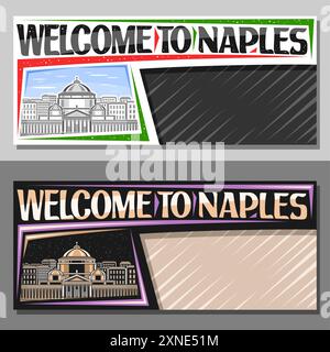 Banner vettoriale per Napoli con spazio copia, layout decorativo con illustrazione del paesaggio storico della città di napoli sullo sfondo del giorno e del tramonto, art desi Illustrazione Vettoriale