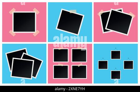 Set collage cornici fotografiche. Foto istantanee vuote su sfondi rosa e blu. Illustrazione vettoriale Illustrazione Vettoriale