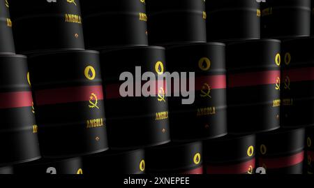 Barili di petrolio greggio dell'Angola in linea con il concetto di fila. Illustrazione 3d dei contenitori industriali per l'estrazione di benzina e carburante in Angola. Foto Stock