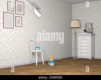 l'immagine mostra una stanza in fase di ristrutturazione con carta da parati floreale sbucciata e lattine di vernice pronte per l'uso. rendering 3d. Foto Stock
