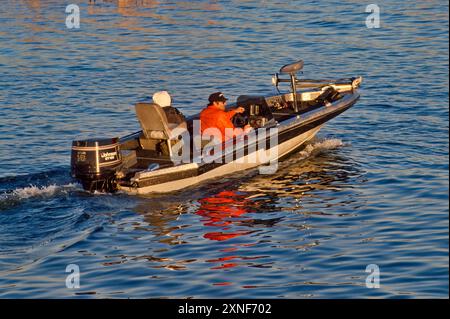 Motoscafo vicino alla rampa di Frio Bend, al lago artificiale Choke Canyon, al parco statale Choke Canyon, vicino al tramonto, primavera, regione del Texas meridionale, Texas, STATI UNITI Foto Stock