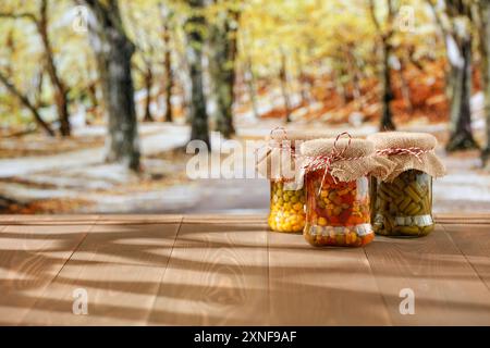 Vasetti di conserve autunnali di verdura e frutta su una tavola autunnale con uno spazio vuoto per i prodotti. Sullo sfondo, un giardino autunnale e alberi W Foto Stock