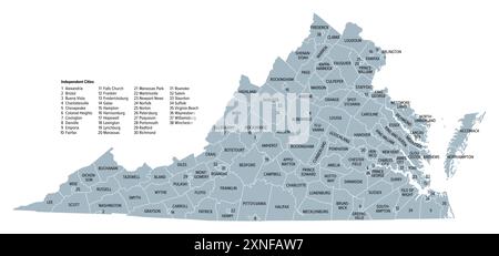 Virginia, Stato degli Stati Uniti suddiviso in 95 contee e 38 città indipendenti, mappa politica grigia. Commonwealth della Virginia. Foto Stock