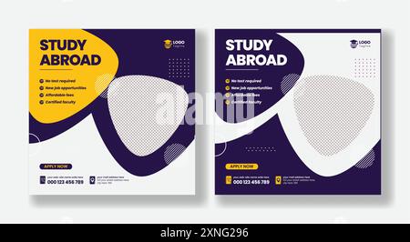 Studia all'estero post sui social media banner, modello di annunci e design di poster o volantini quadrati per l'istruzione Illustrazione Vettoriale