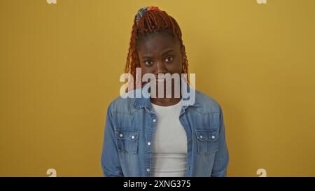 Una giovane donna afroamericana con un'espressione scettica che si erge su uno sfondo giallo Foto Stock