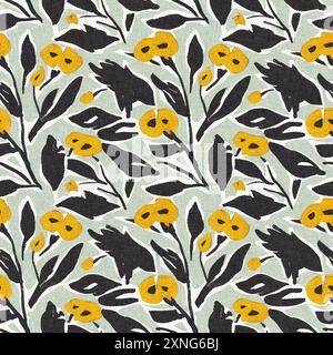 Moderno motivo blockprint in tessuto stampato con fiori selvatici e texture in lino. Motivi floreali boho scuri disegnati a mano stilizzati per elementi di design decorativi Foto Stock