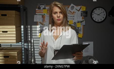 Detective bionda con appunti in un ufficio della stazione di polizia, circondato da documenti investigativi e tabellone delle prove. Foto Stock