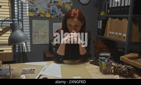 Una donna rossa pensiva siede in un ufficio investigativo, circondato da prove, che incarna investigazioni e concentrazione. Foto Stock