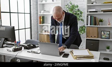 Uomo d'affari maturo con barba grigia che utilizza un laptop in un ufficio moderno, illustrando i professionisti senior al lavoro. Foto Stock