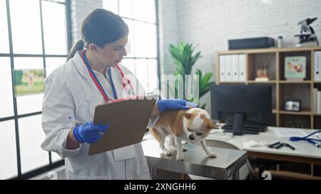 Una giovane donna ispanica veterinaria sta esaminando un cane chihuahua in un ambiente clinico interno, indossando un cappotto bianco e guanti, mentre prende appunti Foto Stock