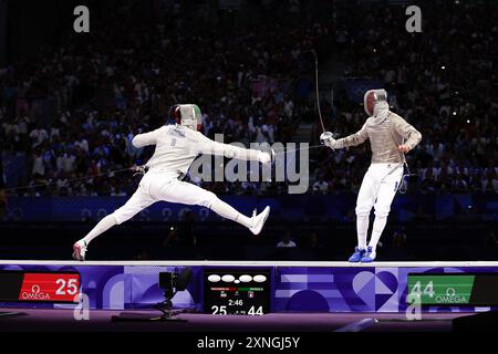 PARIGI, FRANCIA. 31 luglio 2024. Azione durante la partita della medaglia di bronzo della squadra di Sabre maschile tra Iran e Francia il quinto giorno dei Giochi Olimpici di Parigi 2024 al Grand Palais di Parigi, Francia. Crediti: Craig Mercer/Alamy Live News Foto Stock