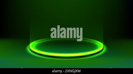 Anello luminoso verde sul pavimento. Cerchio del podio. Modello futuristico per stand di prodotti. Sfondo hi-tech astratto verde per prodotti con tecnologia display Illustrazione Vettoriale