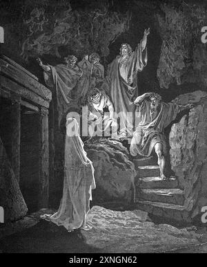 Incisione in legno della Resurrezione di Lazzaro - Gesù Cristo Resurrezione Lazzaro di Betania ( Giovanni 11:41-43) di Gustave Dore dal XIX secolo Santo Bi Foto Stock