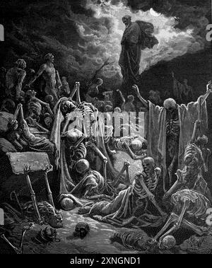Incisione in legno della visione della Valle delle ossa secche (Ezechiele 37:4-5) di Gustave Dore - il profeta Ezechiele in una valle piena di ossa secche Dio m Foto Stock