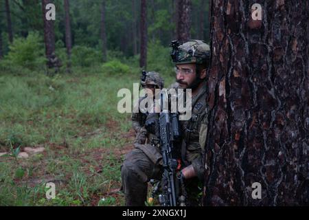 Due soldati della Task Force Guardian assaltano un obiettivo durante la rotazione del 41st Infantry Brigade Combat Team, 24-09, presso il Joint Readiness Training Center (JRTC) Fort Johnson, Laos, 23 luglio 2024. Task Force Guardian è composto da personale del 2nd Battalion, 162nd Infantry, 1st Battalion, 186th Infantry e 141st Brigade Support Battalion. L'obiettivo di JRTC è creare ambienti realistici che aiutino a preparare le unità per operazioni complesse. (Foto della Guardia Nazionale dell'Oregon Army di Kayla Fleshman, 115th Mobile Public Affairs Detachment) Foto Stock